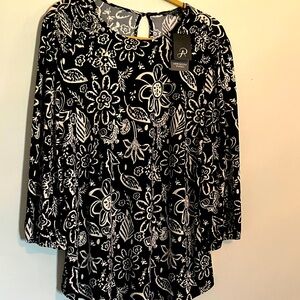 Adrianna Papell Black and White Floral Blouse